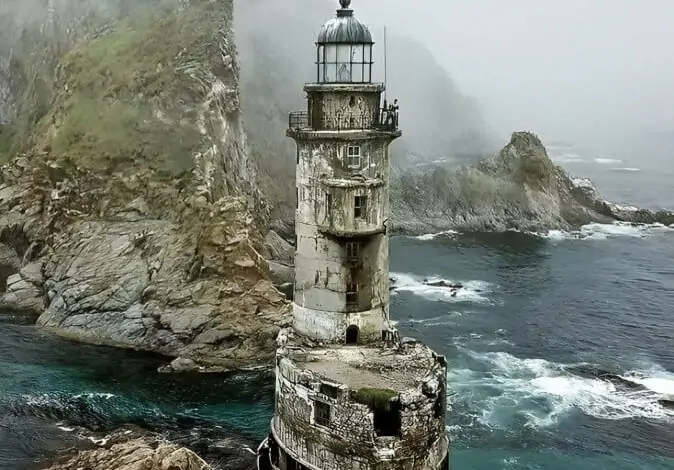 Russia’s abandoned Aniva Lighthouse towers over the icy seas